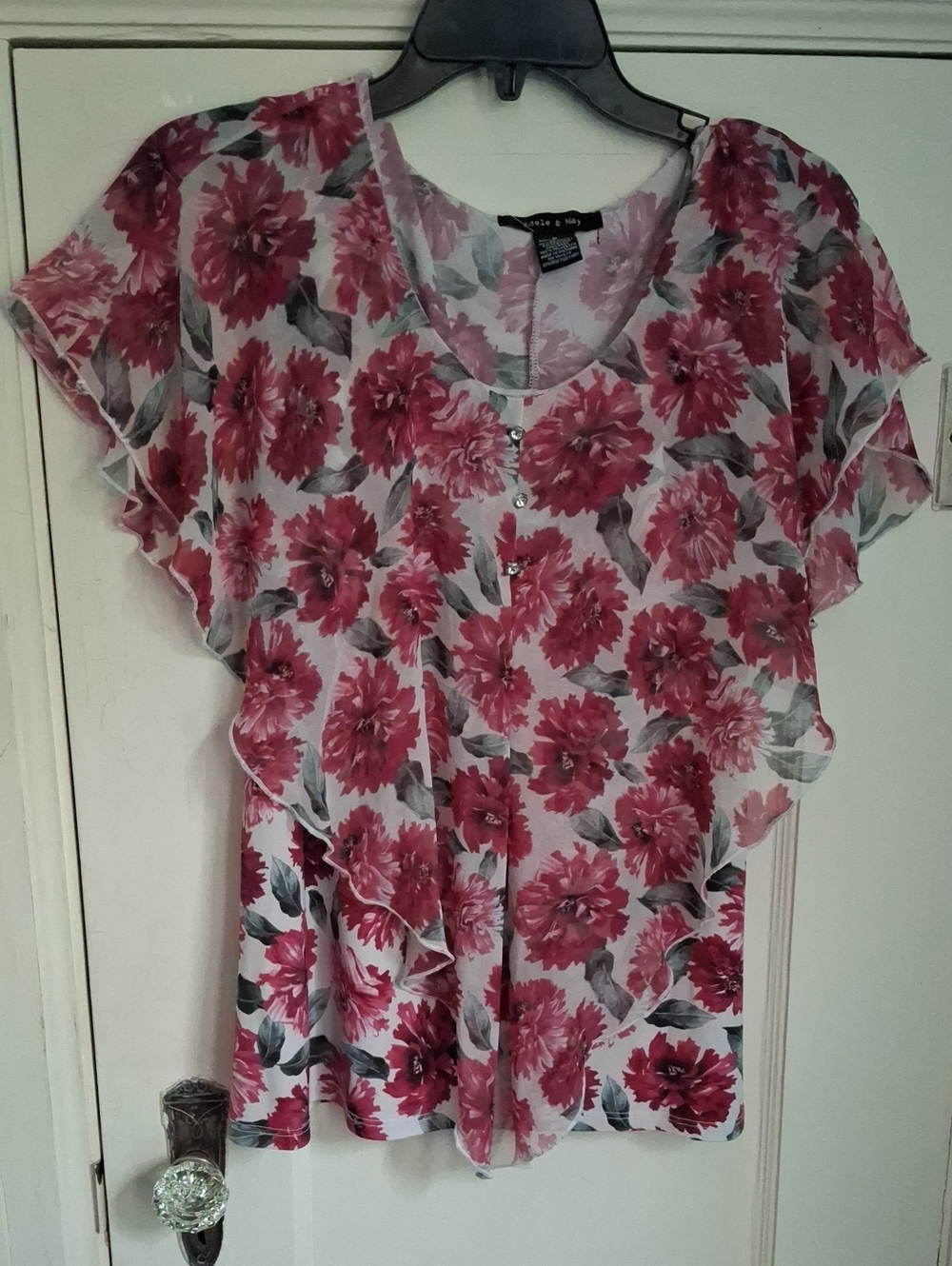 Adele & May Womens Med Layered Flowy BOHO TOP Dark Pink Floral with Jewel Button